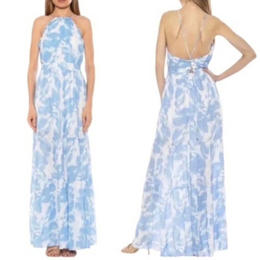 ALEXIA ADMOR Size 14 Blue White Apron Halterneck Open Back Tiered Maxi Dress NWT - Picture 14 of 14